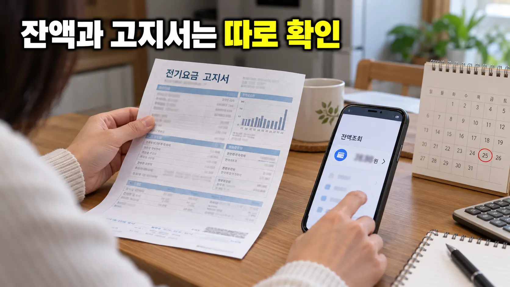 잔액조회 결과와 전기요금 고지서를 각각 확인하는 모습