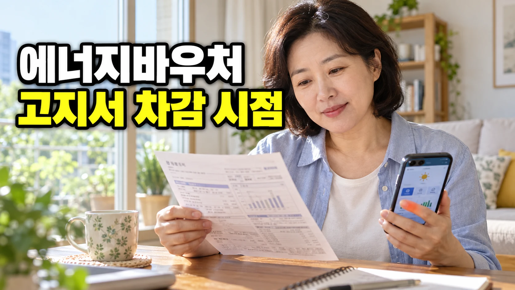 가정에서 전기요금 고지서와 휴대전화를 확인하는 모습, 에너지바우처 고지서 차감 시점