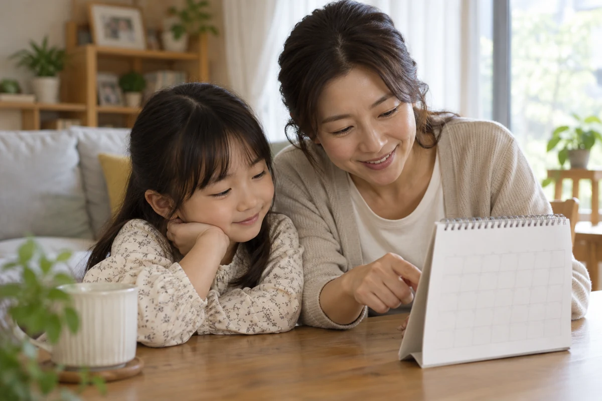 생일이 속한 달과 현재 가정위탁보호 책정 상태를 함께 살펴보는 보호자와 아동