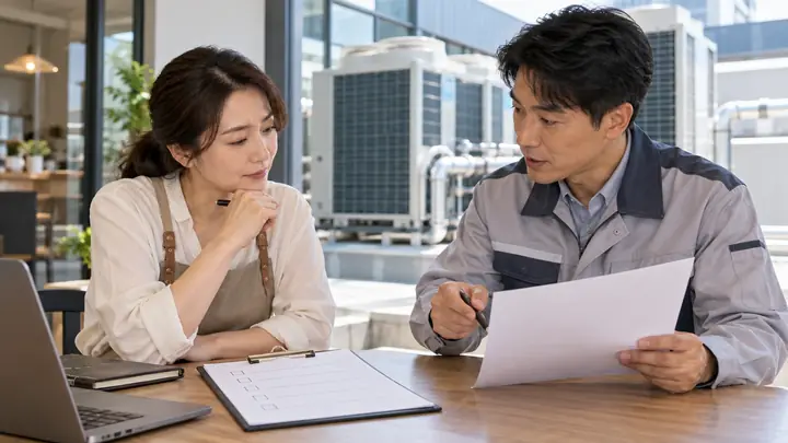 사업자가 가스냉방설비 설치장려금 신청 서류와 접수 기한을 대조하는 모습