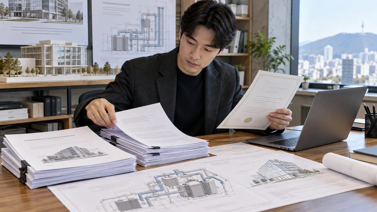 가스냉방 설계장려금 신청 자료와 건축 설비 도면을 정리하는 장면을 표현한 예시 이미지