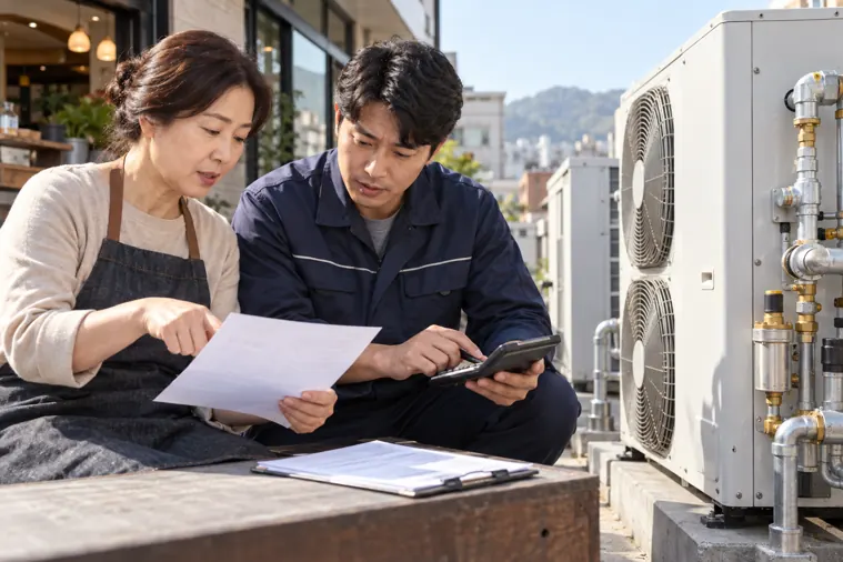 소상공인과 설비 담당자가 가스냉방 설치장려금 산정 자료를 대조하는 모습