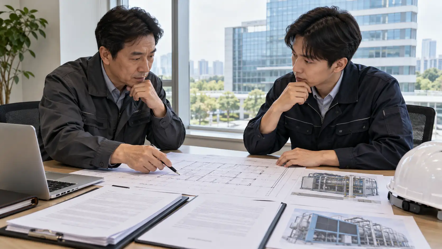 가스냉방 장려금 신청 전 건물 도면과 설비 서류를 함께 확인하는 시설 담당자와 기술자