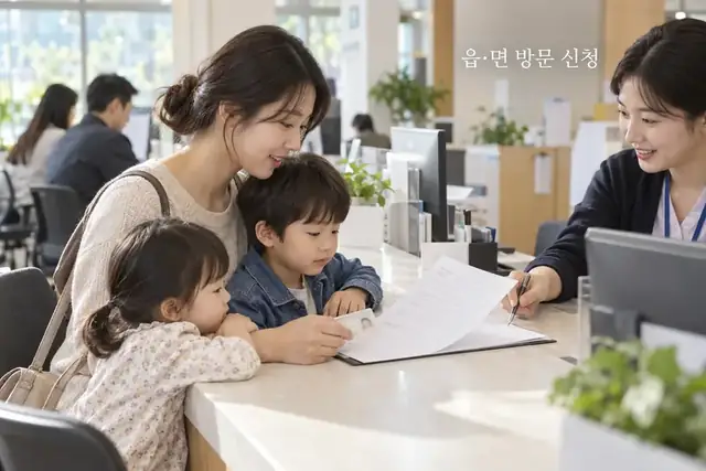 가족이 읍·면사무소 방문 신청을 준비하는 장면