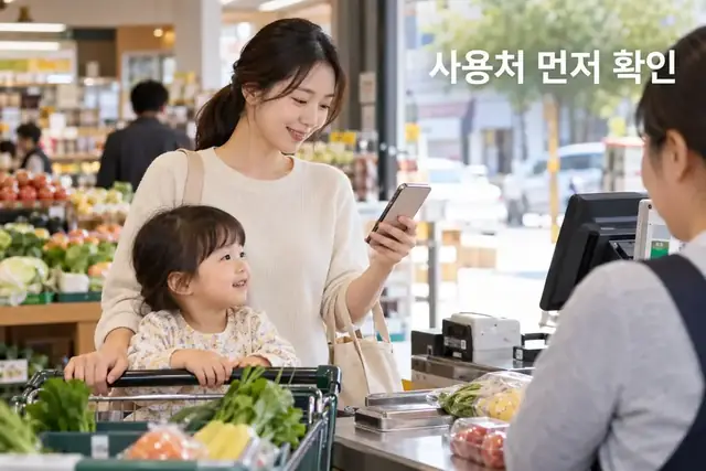 지역 가맹점 사용처를 확인하는 보호자와 자녀