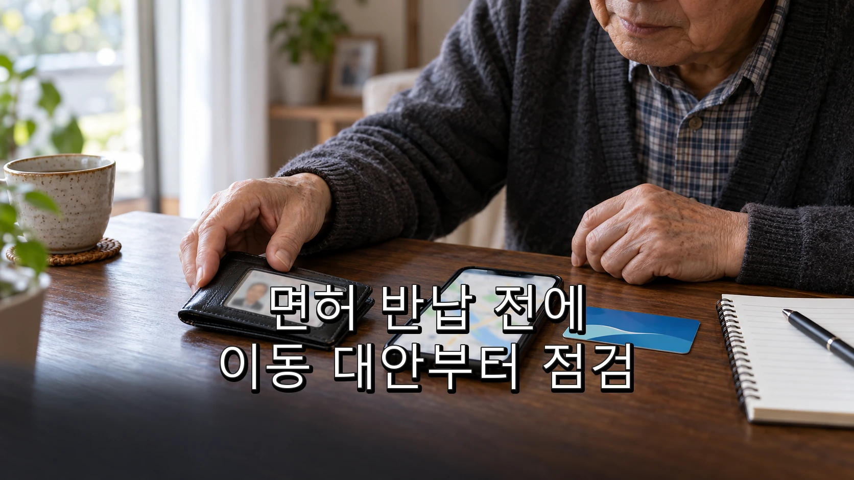 운전면허 반납을 결정하기 전에 버스와 가족 동행 등 이동 대안을 점검하는 모습