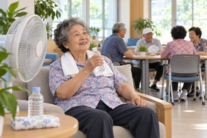 한국의 무더위쉼터에서 어르신이 물과 선풍기 곁에서 쉬는 모습