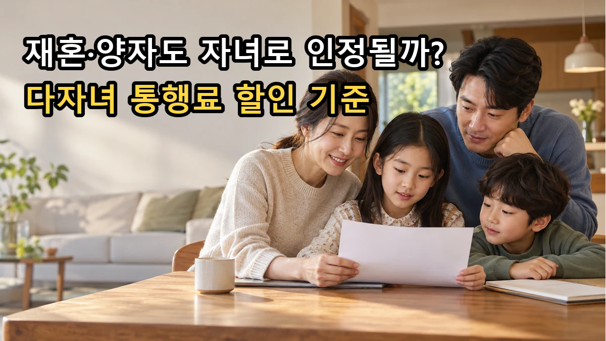 가족 네 명이 문서를 함께 살펴보는 장면을 배경으로 한 다자녀 고속도로 할인 안내 썸네일