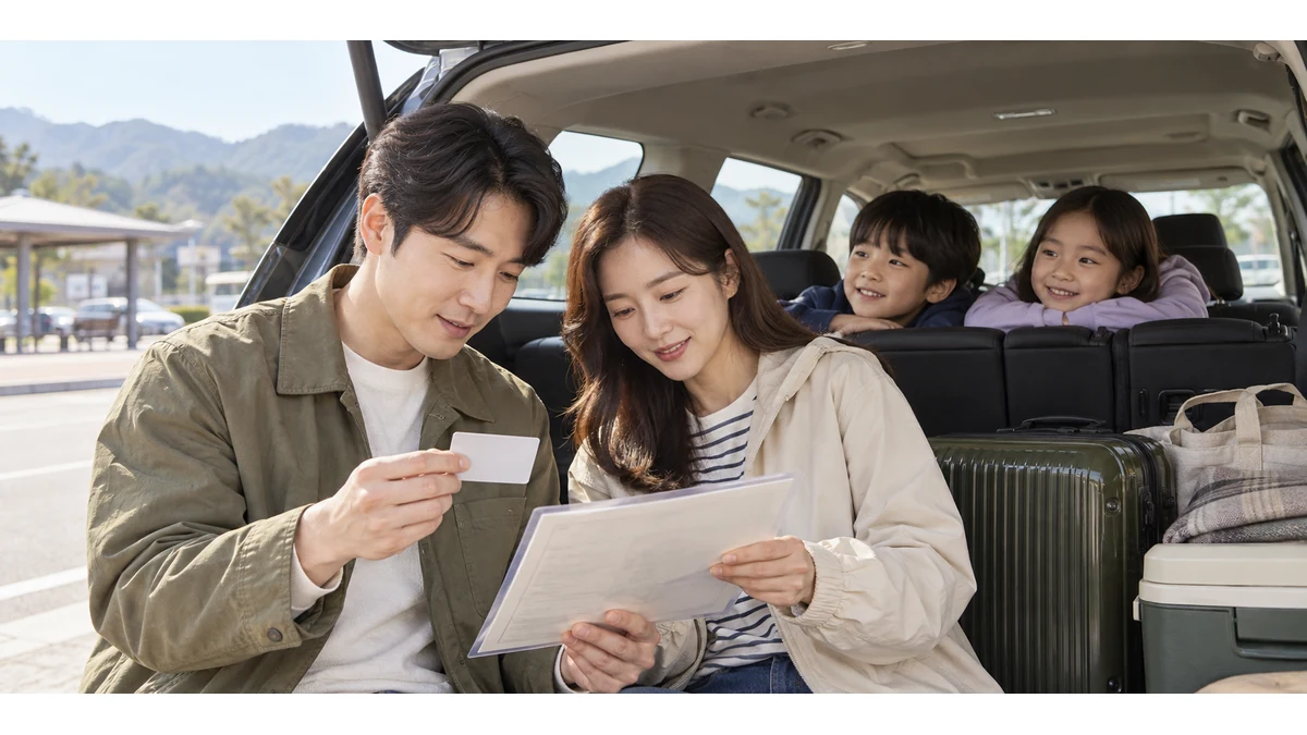 가족이 출발 전 자동차 안에서 하이패스 카드와 차량 관련 서류를 확인하는 모습