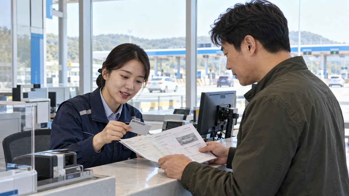 한국도로공사 영업소 창구에서 부모가 하이패스 카드와 차량 서류를 직원과 확인하는 모습