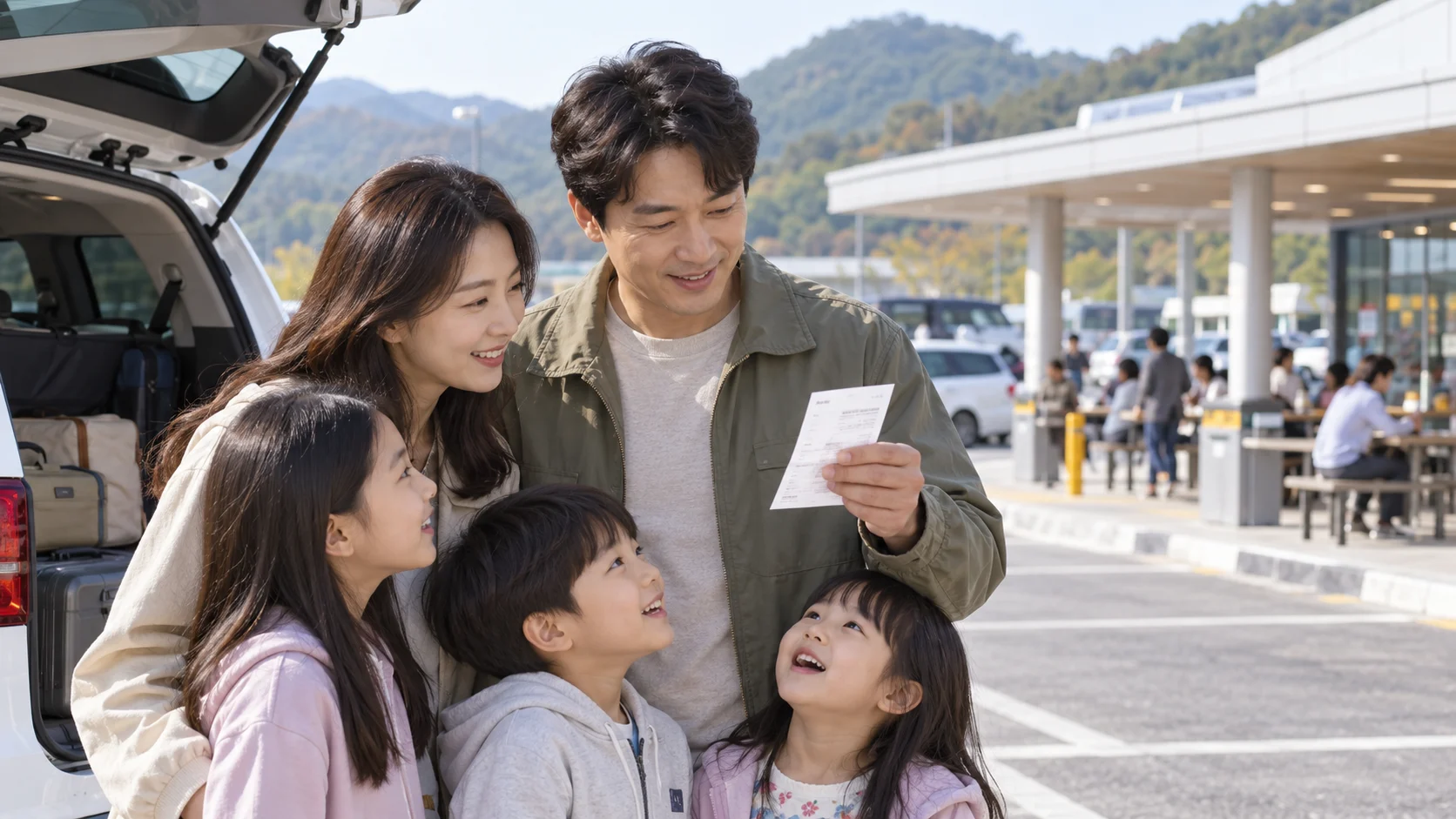 한국 고속도로 휴게소에서 가족 통행 영수증을 확인하는 보호자