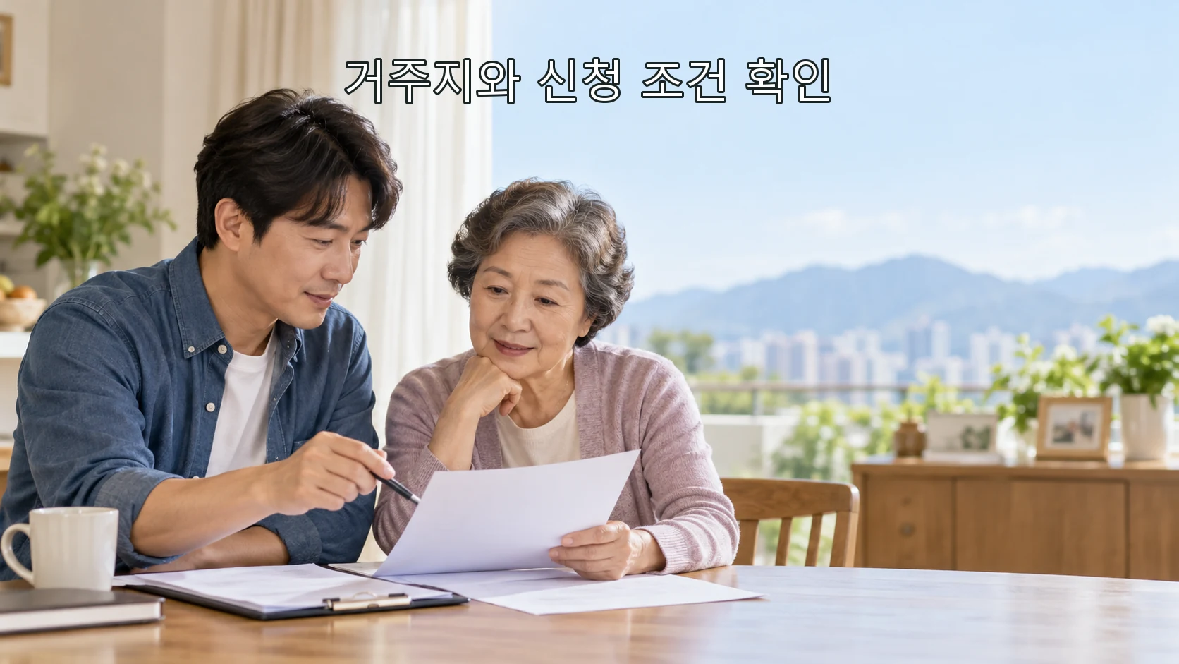 고령자와 가족이 거주지별 운전면허 반납 신청 조건을 함께 확인하는 모습