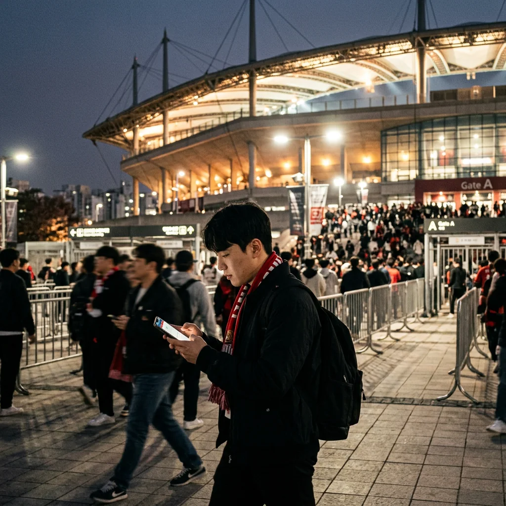 한국 축구팬이 경기장 입장 전에 스마트폰으로 예매 정보를 확인하는 모습