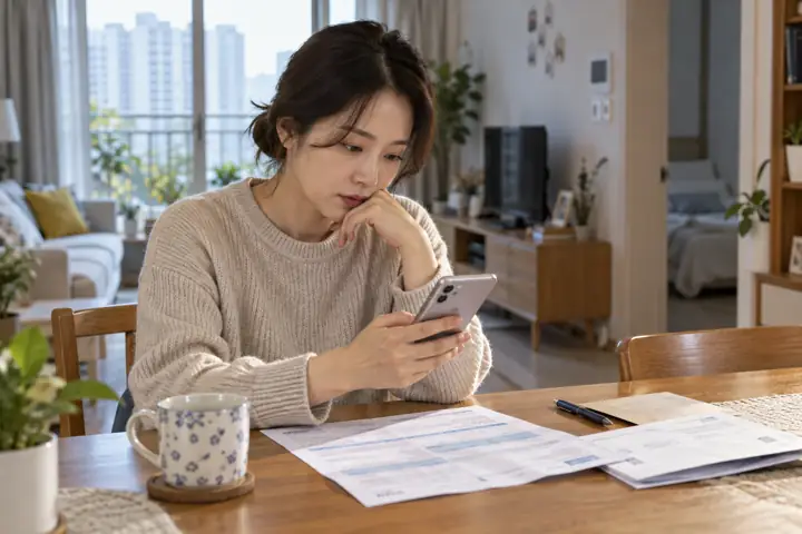한국 가정의 식탁에서 성인 여성이 주민등록 사실조사 안내를 스마트폰으로 확인하는 모습
