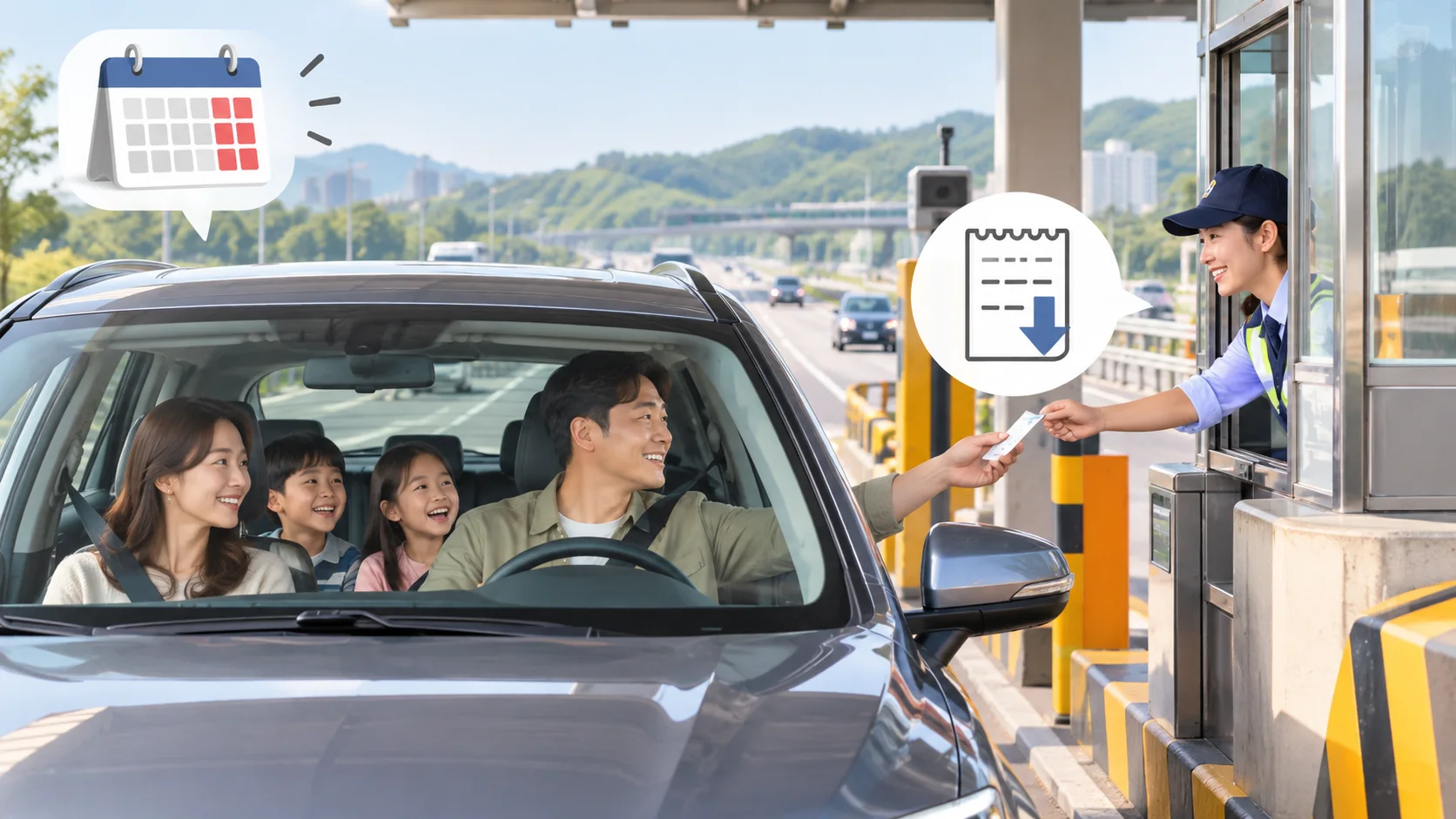 한국도로공사 통행료 누리집에서 다자녀 할인 신청을 진행하는 화면을 상징한 일러스트