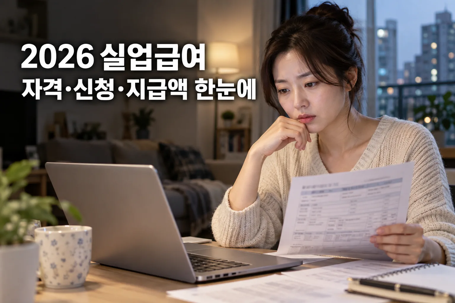 한국의 집에서 청년이 고용 관련 서류와 노트북을 확인하는 모습