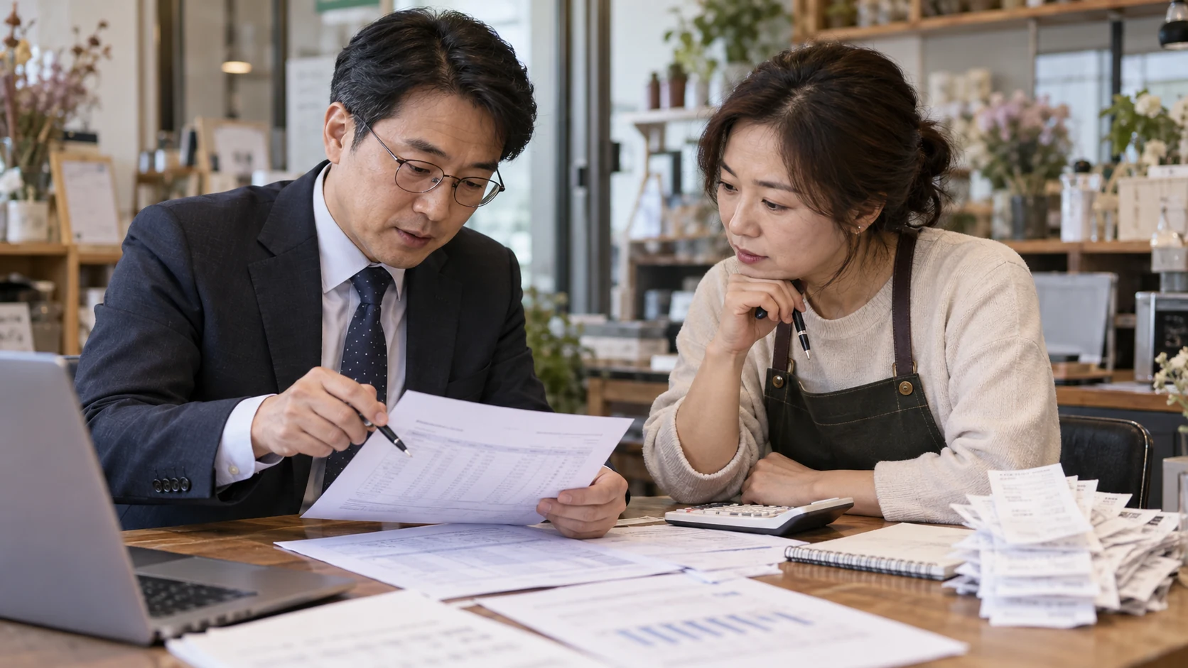 세무 담당자와 소상공인이 소득금액별 소득공제 한도와 납입액을 비교하는 모습