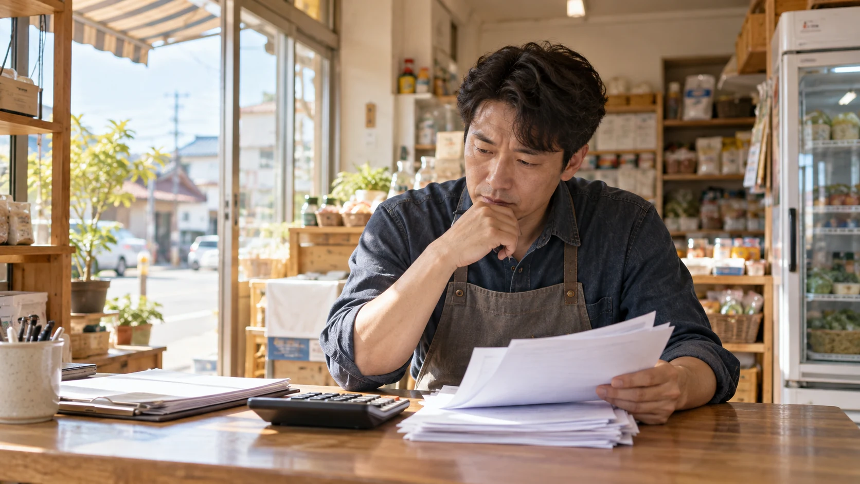 한국인 남성 소상공인이 계산기와 납입 서류를 살펴보는 모습