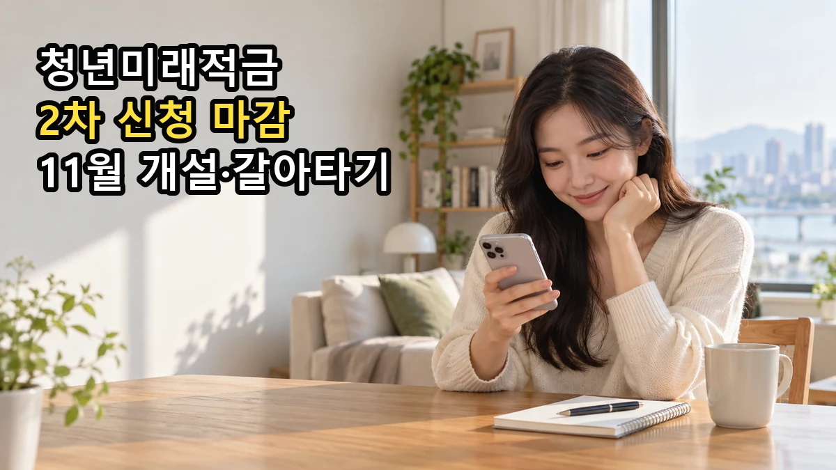 스마트폰으로 청년미래적금 개설 절차를 확인하는 한국인 청년 여성